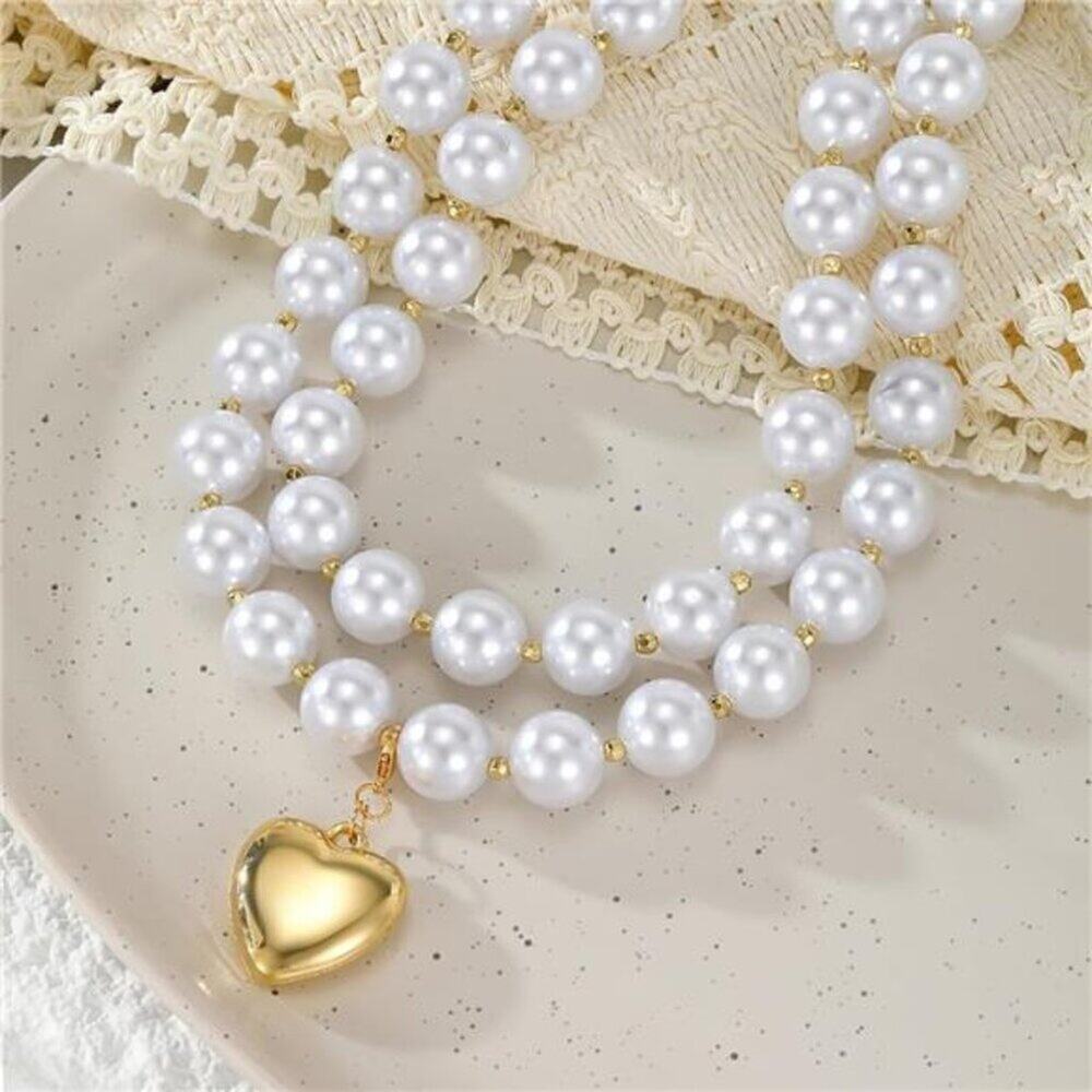 Chunky Pearl + Gold Heart Necklace Large Round Bead Beaded Necklace Layered